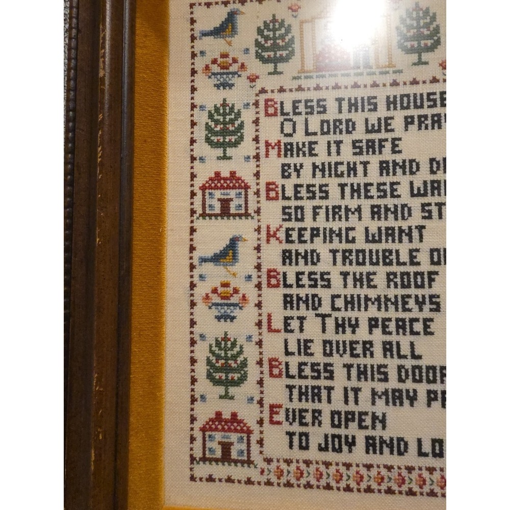 Vintage Needlepoint Wedding Sampler Primitive In Frame  11.5x15 Bless This House - Picture 2 of 4